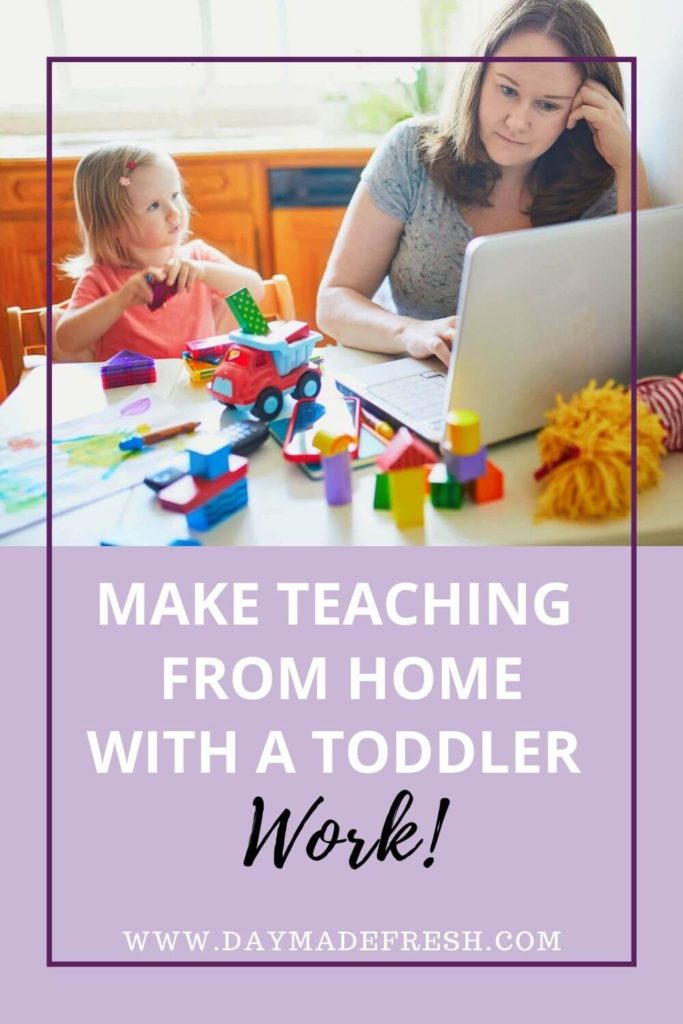 Make teaching from home with a toddler work: teacher mom working on a computer with toddler playing